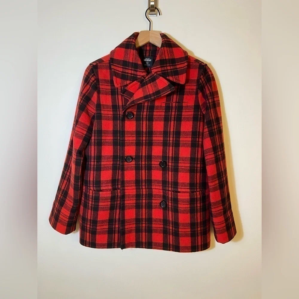 Kate spade SATURDAY scotch plaid wool blend pea coat Red Black Sz S